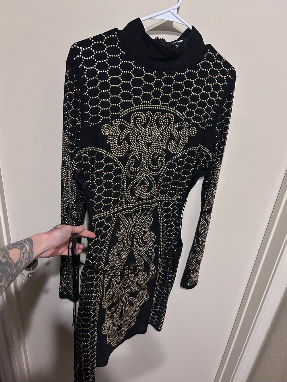 Black Studded Long Sleeve Open Side Lace Up Fashion Nova Bodycon Dress
